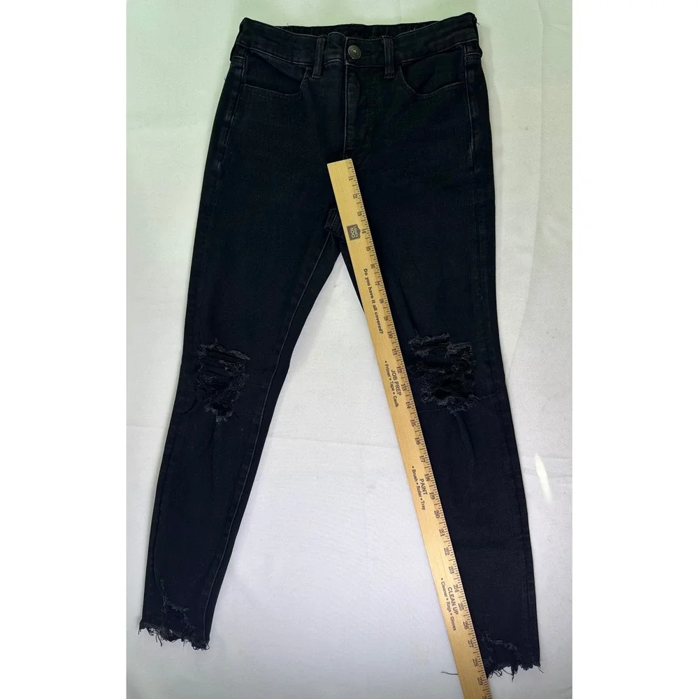 American Eagle The Dream Jean Black Distressed Super‎ Skinny High Rise Denim 6